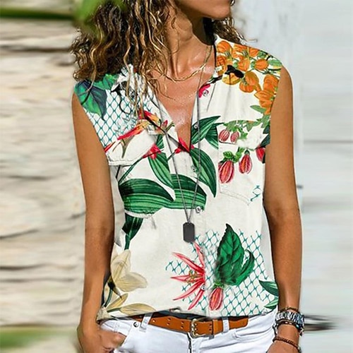 

Women's Daily Holiday Weekend Floral Tank Top Camis Floral Sleeveless Button Print Shirt Collar Casual Streetwear Tops Green S / 3D Print