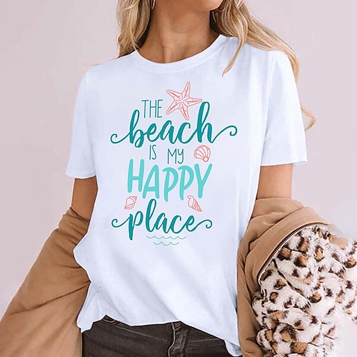 

Mulheres Camiseta Preto Branco Amarelo oceano Imprimir Manga Curta Casual Final de semana Básico Decote Redondo Padrão Algodão The Beach Is My Happy Place Pintura S