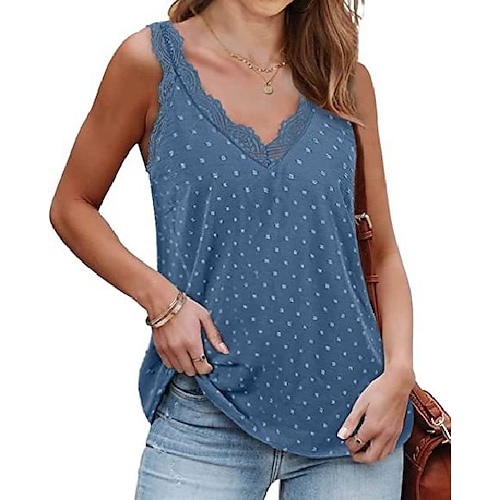 

Women's Tank Top Polka Dot Casual Daily Tank Top Camis Sleeveless Lace Lace Trims V Neck Basic Casual Green White Black S