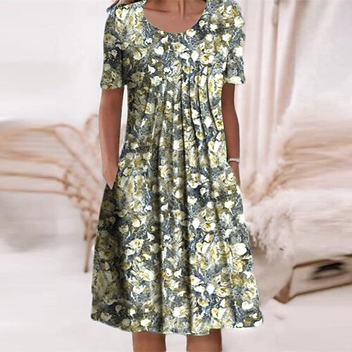 

Women's Shift Dress Midi Dress Blue Short Sleeve Floral Ruched Pocket Print Spring Summer Crew Neck Casual 2022 S M L XL XXL 3XL