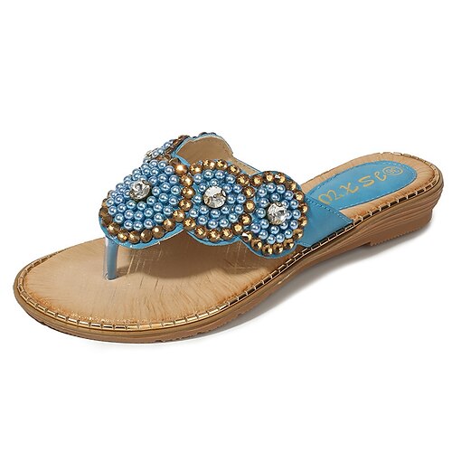 

Women's Sandals Boho Bohemia Beach Sparkly Sandals Rhinestone Flat Heel Round Toe Open Toe Elegant Casual Party Beach PU Leather Elastic Band Spring Summer Solid Colored Almond White Black
