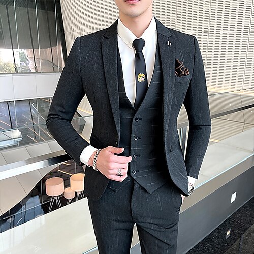 

Black Dark Gray Men's Party / Evening Homecoming Suits 3 Piece Patterned Slim Fit Single Breasted One-button 2022