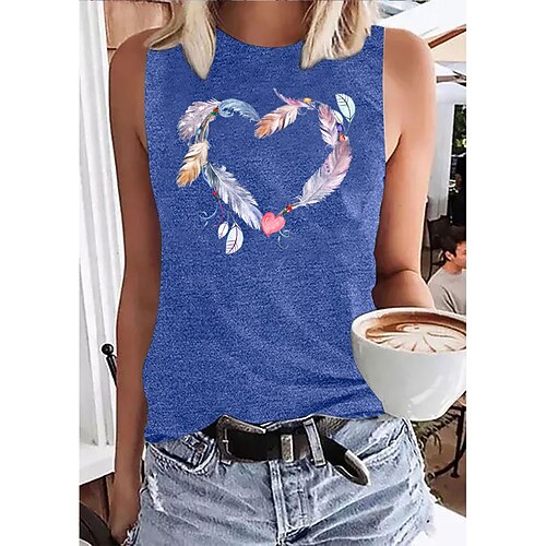 

Women's Daily Holiday Going out Tank Top Graphic Heart Feather Sleeveless Print Round Neck Basic Tops Blue Purple Pink S