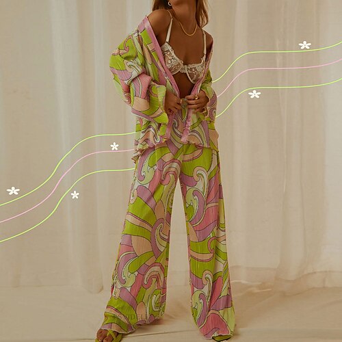

Women's Loungewear Sets Nighty 2 Pieces Flower Comfort Sweet Home Going out Cotton Lapel Long Sleeve Pant Button Print Fall Spring Green Blue / Buckle