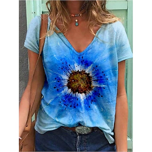 

Women's T shirt Color Gradient Flower Patchwork Print V Neck Basic Tops Blue / 3D Print