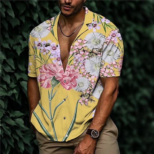 

Men's Shirt Print Floral Turndown Street Casual Button-Down Print Short Sleeve Tops Casual Fashion Designer Breathable Yellow