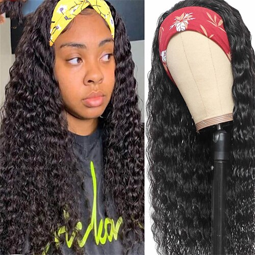 

Human Hair Wig Deep Wave With Headband Natural Black Adjustable Easy to Carry Natural Hairline Machine Made Brazilian Hair Women's Natural Black #1B 12 inch 14 inch 16 inch Party / Evening Daily Wear
