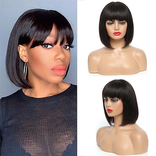 

Straight Human Hair Wigs With Bangs Natural Color Brazilian Short Bob Wigs Full Machine Wigs For Black Women None Lace Remy