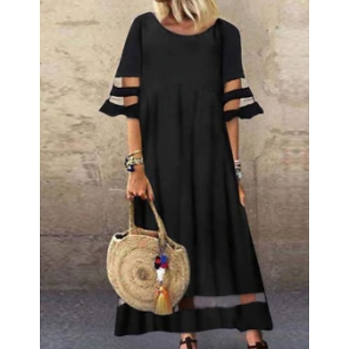 

Women's A Line Dress Maxi long Dress Black Short Sleeve Print Color Block Ruched Print Spring Summer Crew Neck Casual 2022 3XL