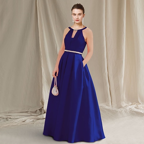 

A-Line Mother of the Bride Dress Plus Size Elegant Jewel Neck Floor Length Satin Sleeveless with Sash / Ribbon 2022