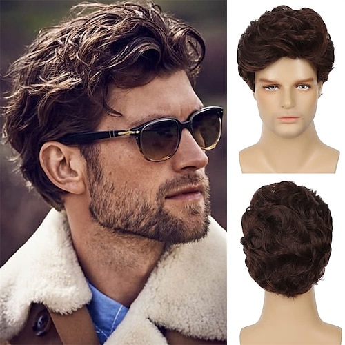 

Men Wig Short Brown Curly Wigs Heat Resistant Synthetic Layered Fluffy Cosplay Daily Wig for Male Guys