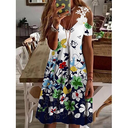 

Femme Robe casual Manche Courte Printemps Eté Dentelle Accueil froid Imprimer Floral Col V 2022 Vert Blanche S M L XL XXL 3XL