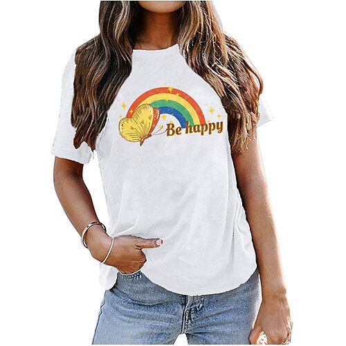 

Women's T shirt Basic Print Rainbow Basic Round Neck T-shirt Sleeve Stard Summer pea green White Black Blue Pink