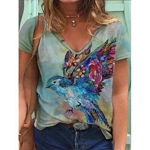 

Women's Plus Size Tops T shirt Floral Butterfly Print Short Sleeve V Neck Streetwear Daily Vacation Polyester Spring Summer Green White / Sunflower