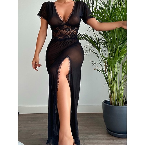 

Women's Sexy Bodies Chemises & Negligees Patchwork Pure Color Hot See Through Soft Bed Valentine's Day Spandex Plunging Neck Short Sleeve Backless Transparent Summer Black / Lace / Super Sexy