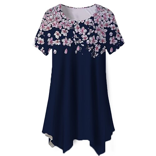 

Women's Plus Size Tops Blouse Shirt Floral Print Short Sleeve Crewneck Streetwear Daily Holiday Cotton Spandex Jersey Spring Summer White Blue