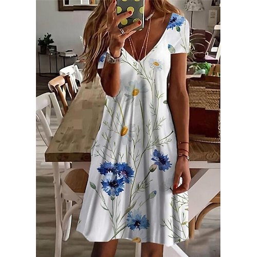 

Mulheres Vestido casual Vestido de turno Azul Azul Marinha Manga Curta Floral Imprimir Primavera Verão Decote V 2022 S M L XL XXL 3XL