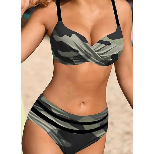 Women's Swimwear Bikini Bathing Suits 2 Piece Normal Swimsuit High Waisted Camouflage Gray Padded V Wire Bathing Suits Sports Vacation Sexy / Strap / New / Strap, lightinthebox  - buy with discount