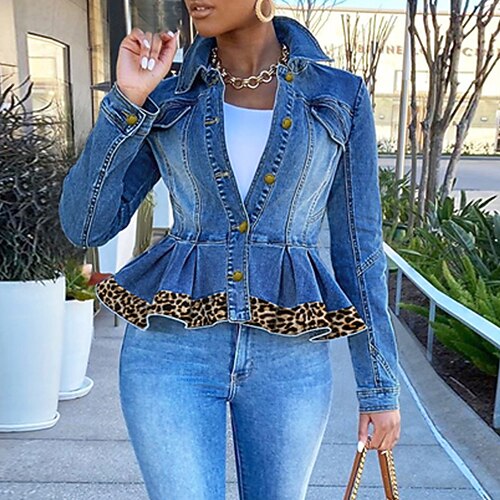 

Women's Denim Jacket Street Daily Holiday Spring Summer Regular Coat Regular Fit Windproof Breathable Streetwear Casual Jacket Long Sleeve Leopard Ruffle Stylish Blue / Print