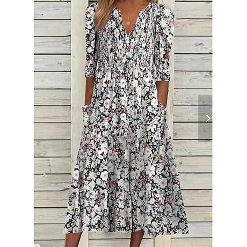 

Women's A Line Dress Midi Dress White Half Sleeve Floral Ruched Print Spring Fall V Neck Casual Modern 2022 3XL