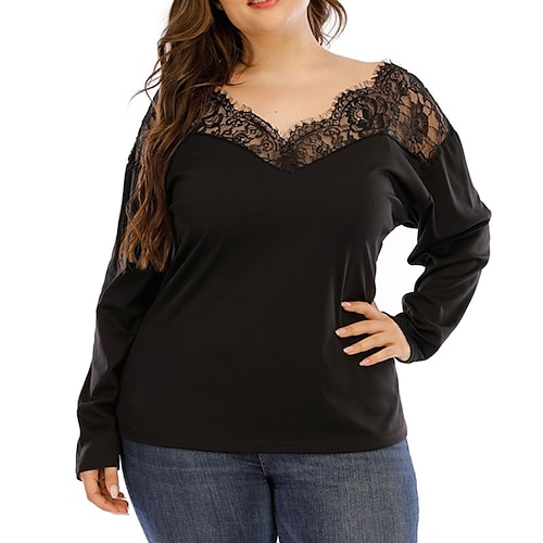 

Women's Plus Size Tops T shirt Tee Plain Backless Lace Long Sleeve V Neck Streetwear Daily Going out Polyester Spring Summer Black