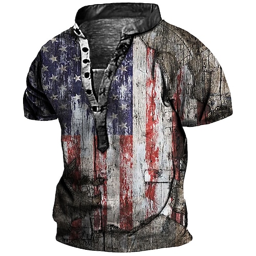 

Men's T shirt Tee Henley Shirt Tee Graphic National Flag Stand Collar Gray 3D Print Plus Size Outdoor Daily Short Sleeve Button-Down Print Clothing Apparel Basic Designer Casual Big and Tall / Summer