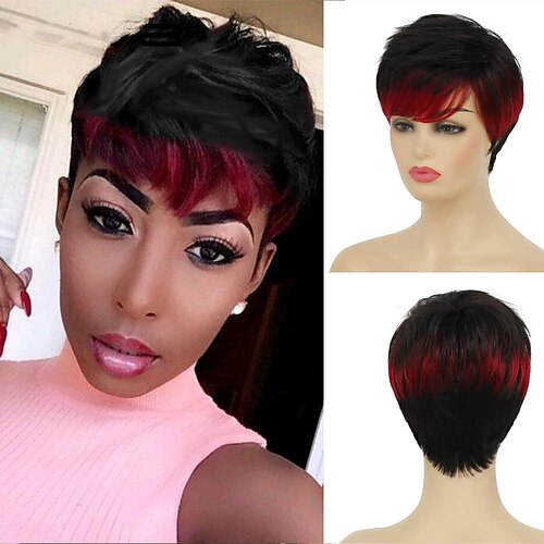 

Cloud Short Pixie Cut Wigs for Black Women Black Red Wig with Side Bangs Heat Resistant Cosplay Party Daily Use