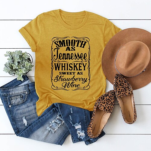 

Women's Casual Weekend Painting T shirt Tee Text Short Sleeve Print Round Neck Basic Tops White Black Purple S