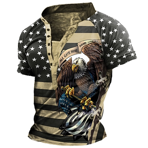 

Men's Henley Shirt T shirt Tee 3D Print Graphic Eagle National Flag Stand Collar Street Casual Button-Down Print Short Sleeve Tops Basic Fashion Classic Comfortable Khaki