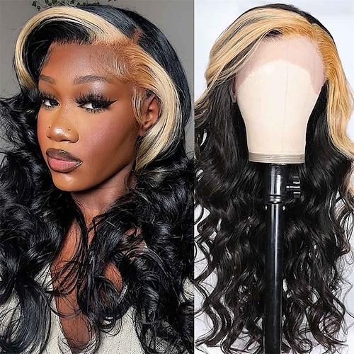 

Honey Blonde Skunk Stripe Loose Wave Lace Front Wig with Streaks in Front Black Weave With Highlights 13x4 Human Hair Lace Frontal Human Hair Wigs for Black Women 150 Density Pre Plucked