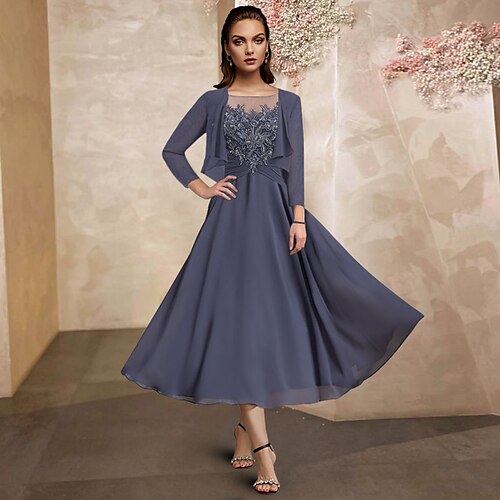 

Two Piece A-Line Mother of the Bride Dress Plus Size Elegant Jewel Neck Tea Length Chiffon Lace Half Sleeve Wrap Included with Ruched Sequin Ruffles 2022