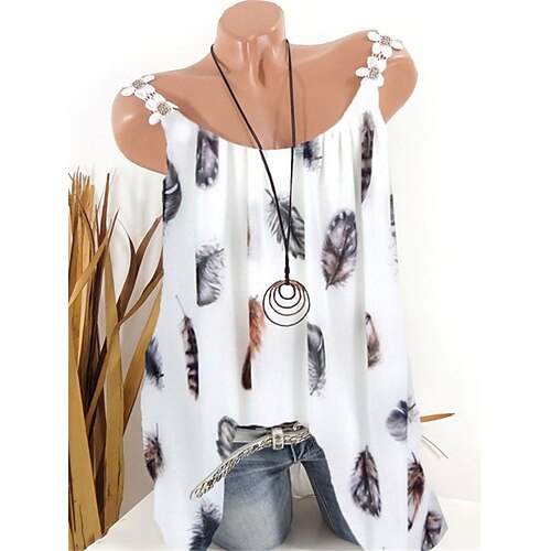 

Women's Tank Top Camis Striped Feather Print Round Neck Casual Streetwear Tops Green White / 3D Print