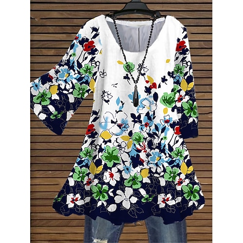 

Women's Plus Size Tops Blouse Shirt Floral Print 3/4 Length Sleeve Crewneck Streetwear Daily Holiday Cotton Spandex Jersey Spring Summer White Blue