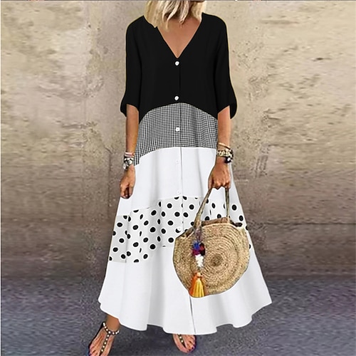 

Women's Casual Dress Swing Dress Long Dress Maxi Dress Black Yellow Red Half Sleeve Polka Dot Button Fall Spring Autumn V Neck Weekend Loose Fit 2022 S M L XL XXL 3XL 4XL 5XL