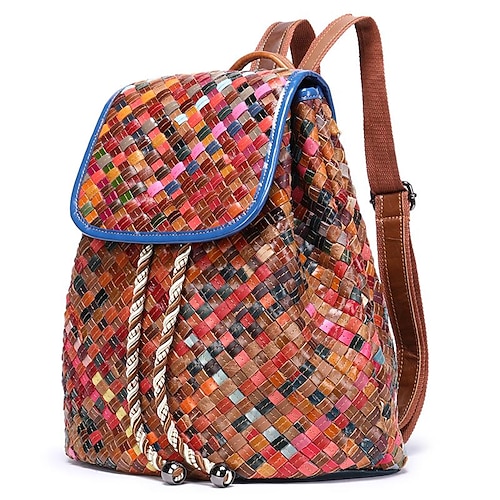 

Women's School Bag Commuter Backpack Functional Backpack Straw Cowhide Lattice Color Block Floral Print Large Capacity Waterproof Zipper Embossed Daily Gold Light Gold