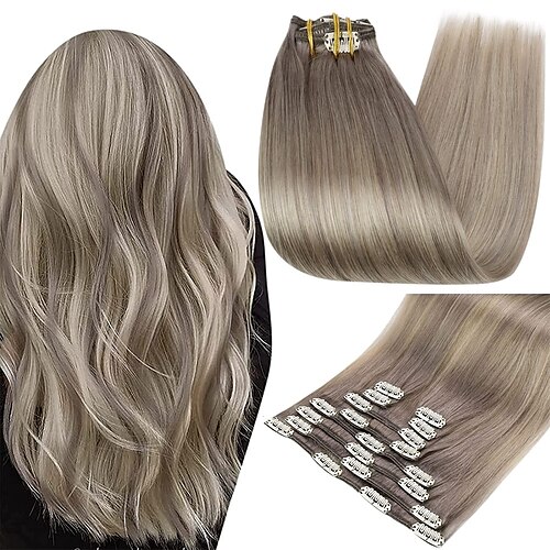 

Clip in Ombre Grey Human Hair Extensions Full Head Ash Blonde Fading to Color 60 Platinum Blonde Highlighted 19A Double Weft Clip in Human Hair Extensions 120 Gram for Women