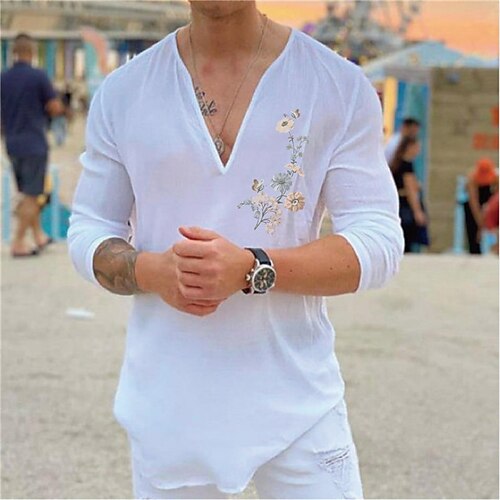

Men's Shirt Hot Stamping Floral Graphic V Neck Street Casual Print Long Sleeve Tops Casual Fashion Designer Big and Tall White Black
