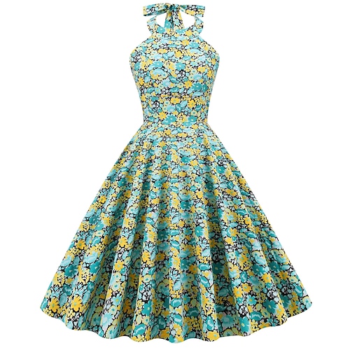 

Audrey Hepburn 1950s Floral vestido de vacaciones Vestido Cóctel Vestidos Baile de Máscaras Halter Mujer Disfraz Cosecha Cosplay Fiesta / Noche Sin Mangas Vestido Mascarada