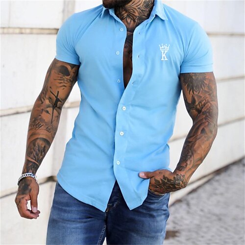 

Men's Shirt Letter Turndown Sea Blue Street Casual Short Sleeve Button-Down Clothing Apparel Fashion Casual Comfortable