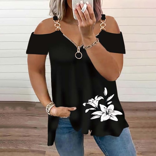 

Women's Plus Size Tops T shirt Tee Floral Cut Out Zipper Short Sleeve One Shoulder Streetwear Daily Vacation Polyester Spring Summer Black Blue / V Neck / V Neck / Print