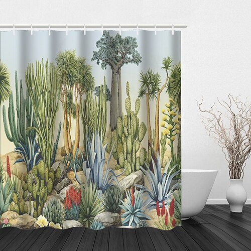 

Tropical Forest Leaf Flower Print Shower Curtain With Hook Modern Polyester Machined Waterproof Bathroom