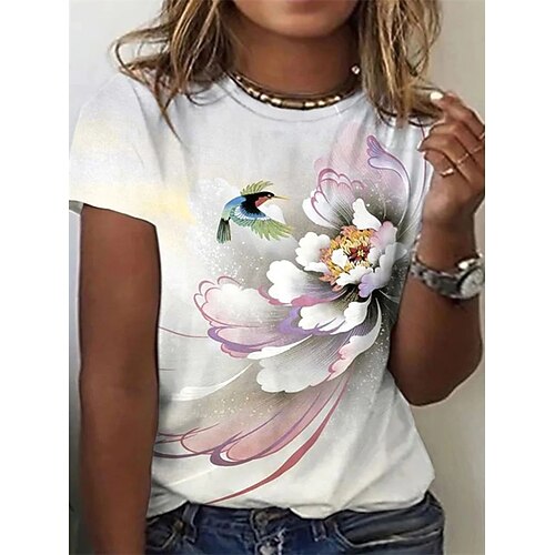 

Women's Plus Size Tops T shirt Floral Bird Print Short Sleeve Round Neck Streetwear Daily Vacation Polyester Spring Summer White Blue