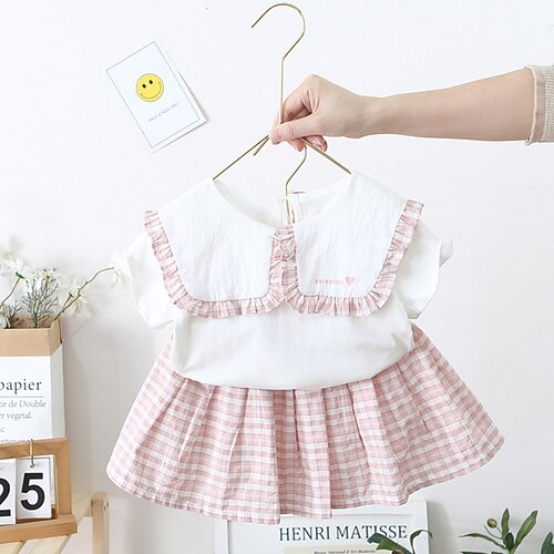 

Kids Girls' Shirt Skirt Clothing Set 2 Pieces Short Sleeve Green Blue Pink Plaid Ruched Print Street Outdoor Cute Sweet Regular Above Knee 1-5 Years