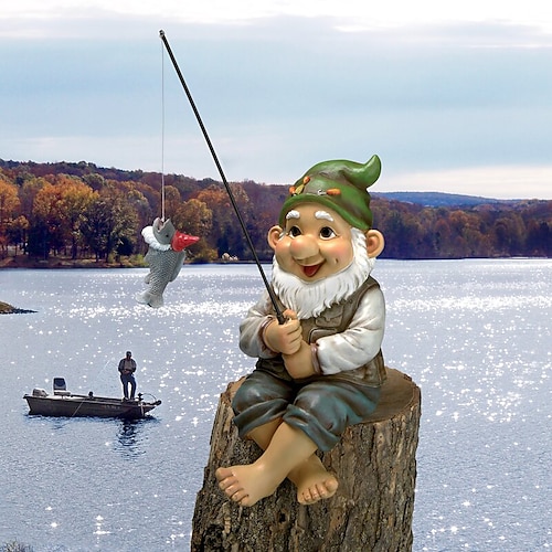 Mini Garden Gnome Statue Ziggy the Fishing Dwarf Elf Figurines