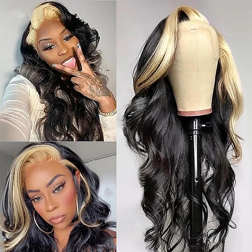 

Remy Human Hair Brazilian Hair 613 # 1B Highlights 13x4 Lace Front Wig Free Part Body Wave Black Blonde Wig 150% Density with Baby Hair