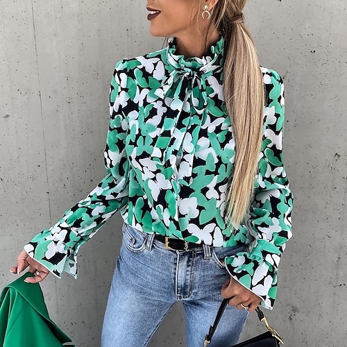 

Women's Butterfly Blouse Shirt Butterfly Lace up Button Print Standing Collar Casual Streetwear Tops Green Yellow Light Green / 3D Print