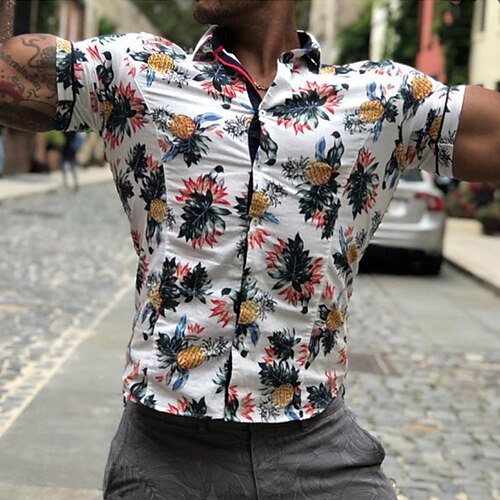 

Men's Shirt Floral Turndown Street Casual Button-Down Short Sleeve Tops Casual Fashion Comfortable Beach White