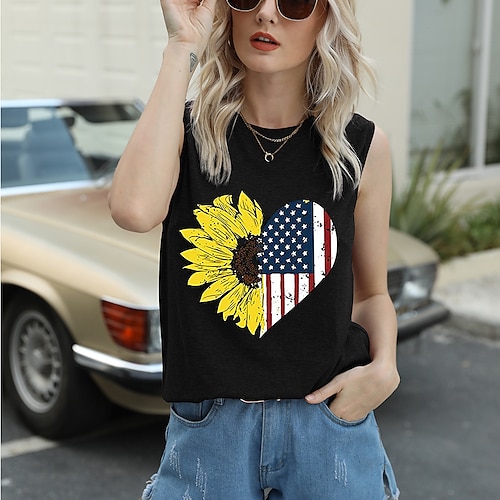 

Women's Casual Weekend Independence Day Floral Tank Top Camis Heart USA Sunflower Sleeveless Print Round Neck Casual Streetwear Tops White Black Yellow S