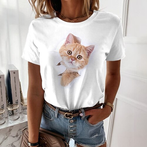 

Women's 3D Cat Painting T shirt Cat 3D Print Round Neck Basic Tops White