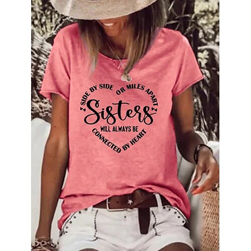 

Women's T shirt Tee Black White Pink Heart Text Print Short Sleeve Casual Weekend Basic Round Neck Regular Painting S